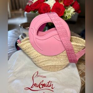 New! Christian Louboutin Pink Straw Biloumoon Straw and leather basket bag!